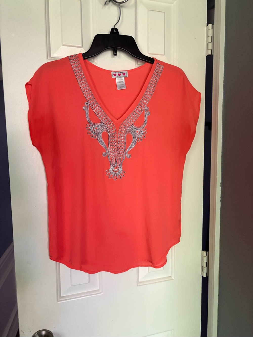 Three Pink Hearts Embellished V-Neck Coral Women's Top